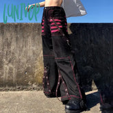 Lunivop Vintage Dark Cool Sash Webbing Corn-Eye Chain Casual Pants Contrast Color Striped Mesh
